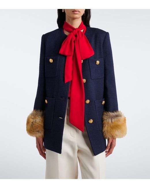 Valentino Blue Shearling-Trimmed Wool-Blend Tweed Jacket