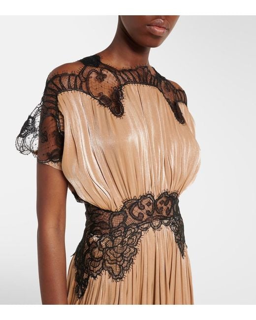 Costarellos Natural Lace-Trimmed Lurex Georgette Gown
