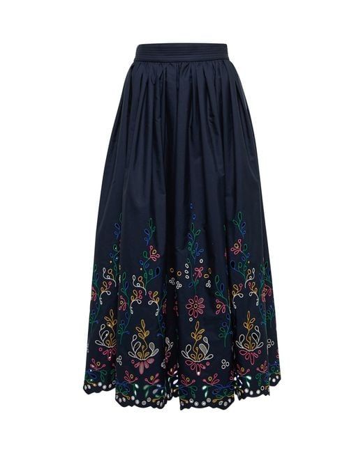 Chloé Blue Embroidered Cotton Maxi Skirt
