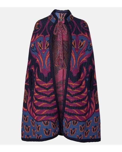 Etro Purple Jacquard Wool And Cotton-Blend Cape