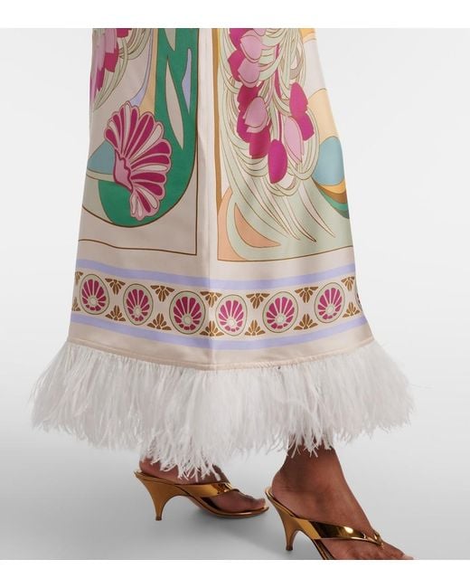 LaDoubleJ White Swing Feather-Trimmed Silk Twill Maxi Dress