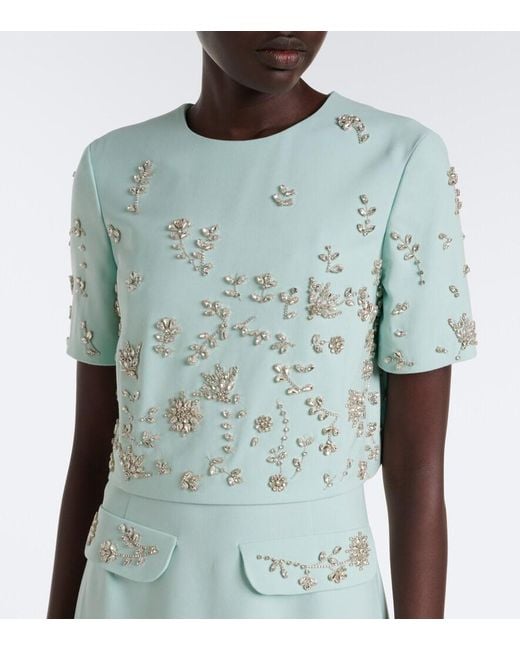 Oscar de la Renta Green Crystal-Embellished Wool-Blend Gown
