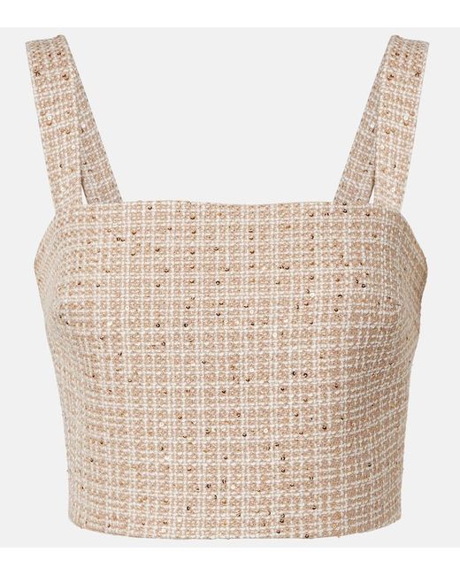 Elie Saab Natural Checked Sequined Tweed Crop Top