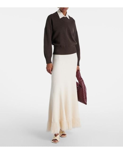 Bottega Veneta White Fringed Cotton-Blend Bouclé Maxi Skirt