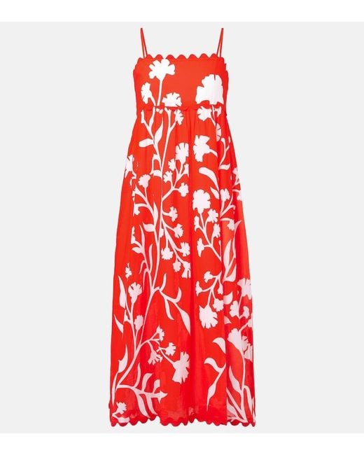 Juliet Dunn Red Printed Scalloped Cotton Midi Dress