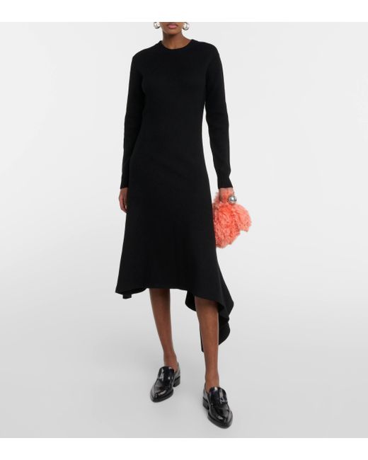 Robe midi asymetrique en laine Jil Sander en coloris Black