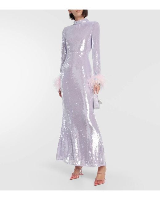 Self-Portrait Purple Feather-Trimmed Sequined Gown