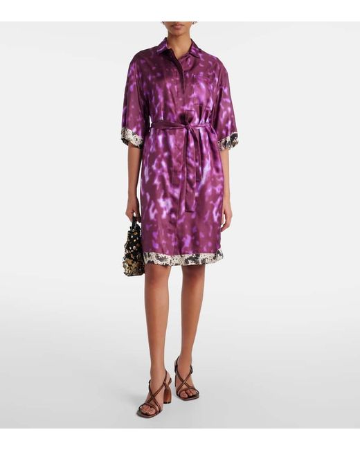 Dries Van Noten Purple Belted Printed Silk Shirt Dress