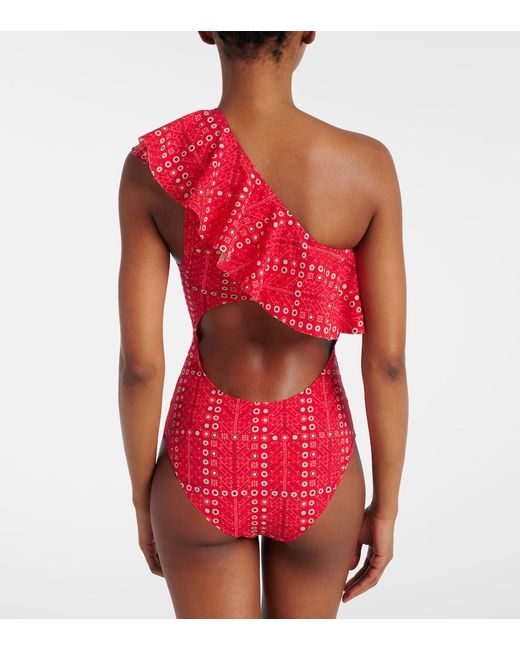 Isabel Marant Red Sicilya Ruffled Printed Swimsuit