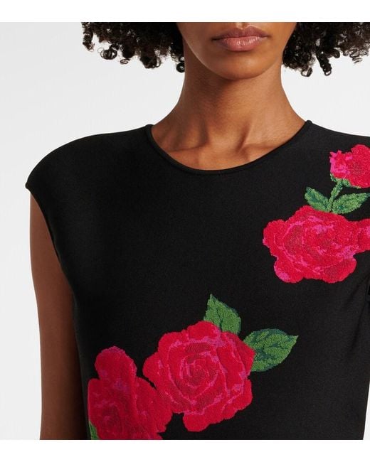 Carolina Herrera Red Floral Jacquard Midi Dress