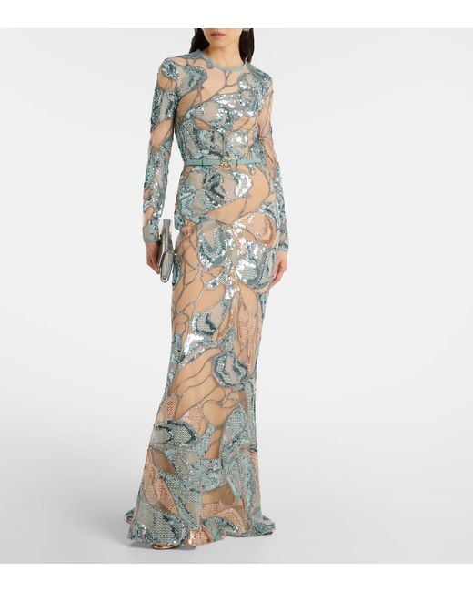 Elie Saab White Embroidered Silk-Blend Gown