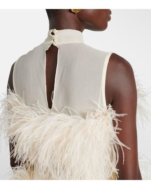 ‎Taller Marmo Natural Divine Feather-Trimmed Chiffon Minidress