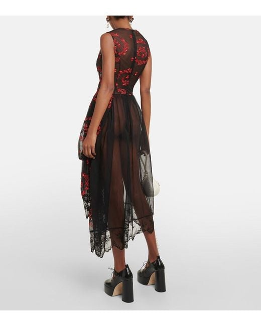 Simone Rocha Black Floral Embroidered Tulle Midi Dress