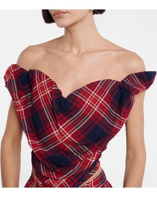 Vivienne Westwood Red Sunday Off-Shoulder Plaid Bustier Top