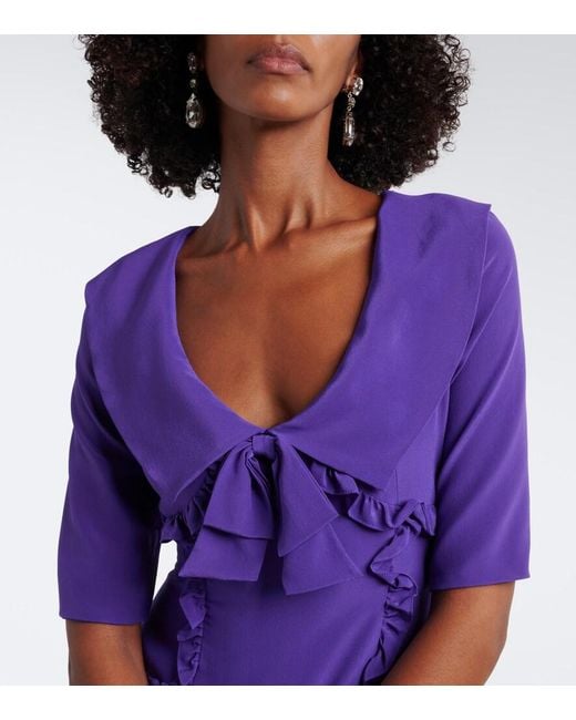 Alessandra Rich Purple Ruffled Silk Crepe De Chine Midi Dress