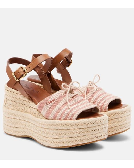Chloé Brown Striped Canvas Espadrille Wedge Sandals