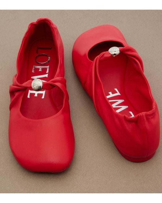 Loewe Red Pebble Soft Leather Mary Jane Flats