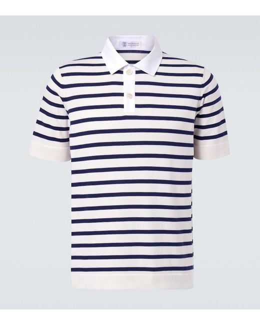 Brunello Cucinelli Blue Striped Cotton Polo Shirt for men
