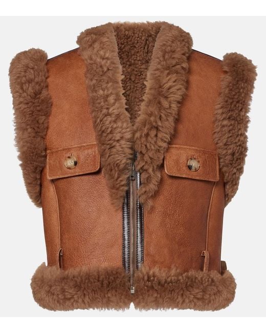 Chloé Brown Shearling-Trimmed Leather Vest