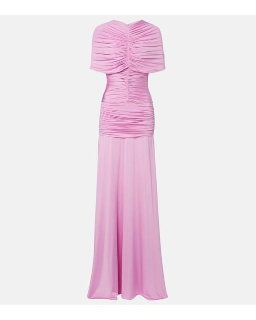 Self-Portrait Pink Caped Ruched Jersey Maxi Dress