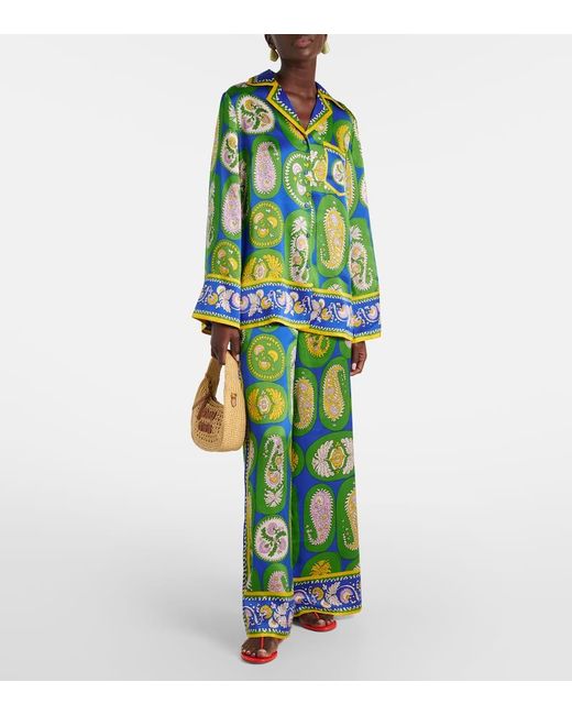 ALÉMAIS Green Printed Silk Satin Wide-Leg Pants