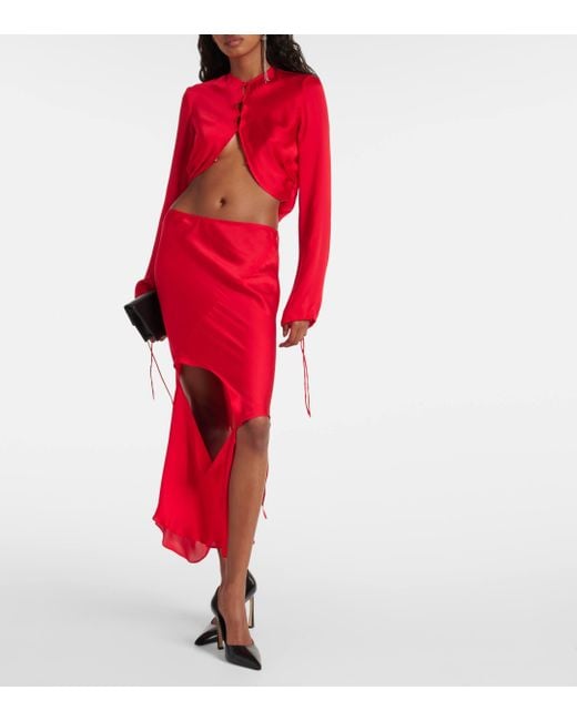 Acne Red Deconstructed Cutout Silk Midi Skirt
