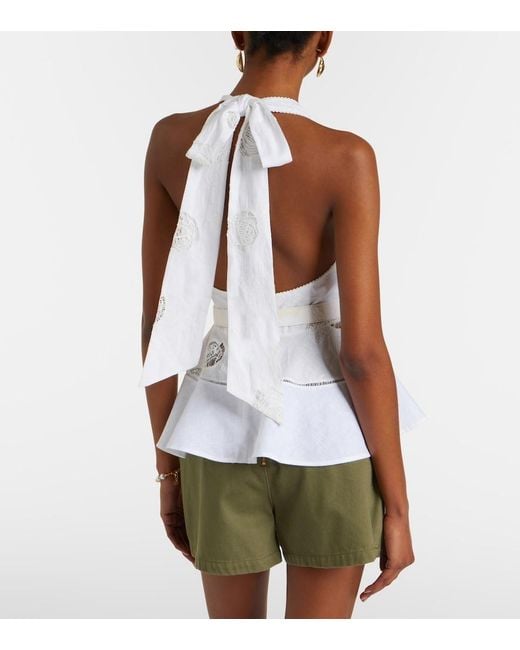 Self-Portrait White Broderie Anglaise Peplum Linen And Cotton Top