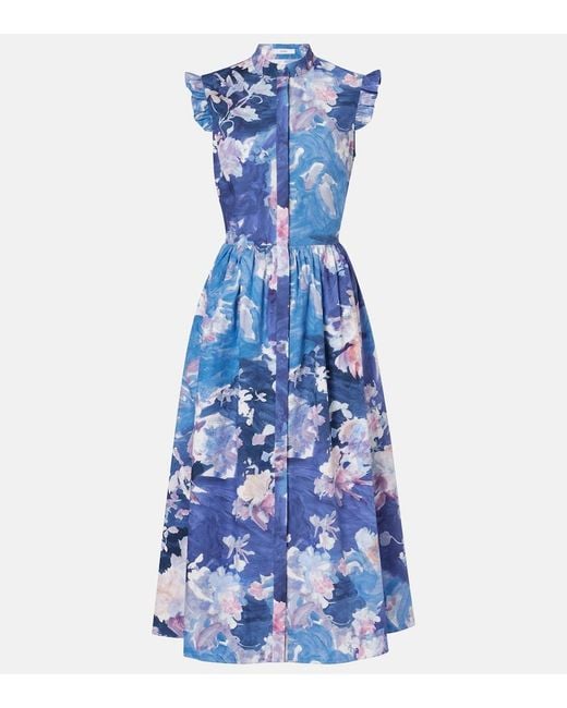 Erdem Blue Flared Floral Midi Dress