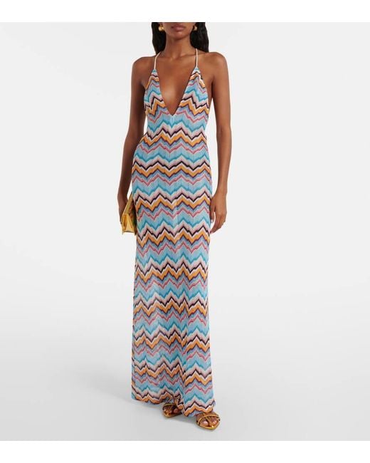 Missoni Blue Zigzag Halterneck Maxi Dress