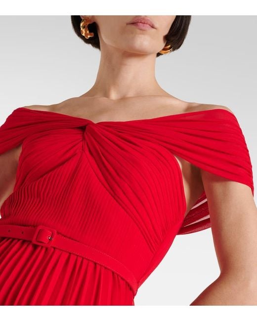 Self-Portrait Red Pleated Off-Shoulder Chiffon Gown