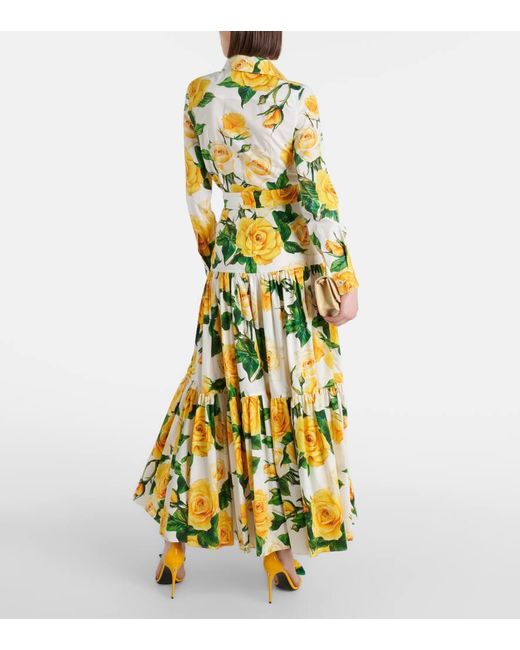 Falda de volantes larga de algodón con estampado de rosas amarillas Dolce & Gabbana de color Yellow