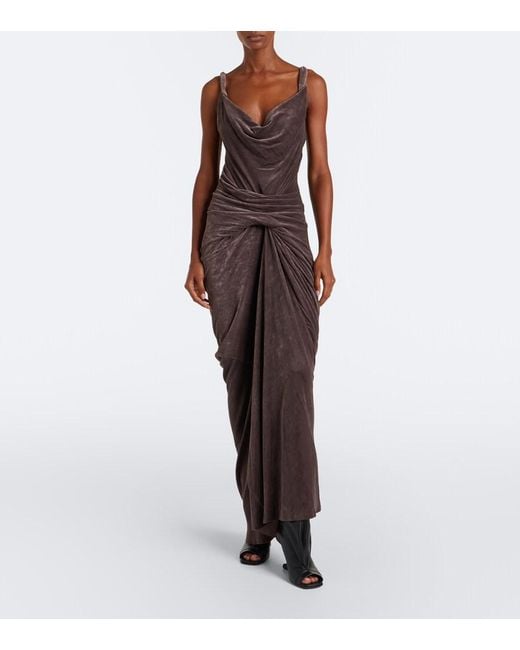 Rick Owens Brown Strutter Draped Gathered Velvet Maxi Dress