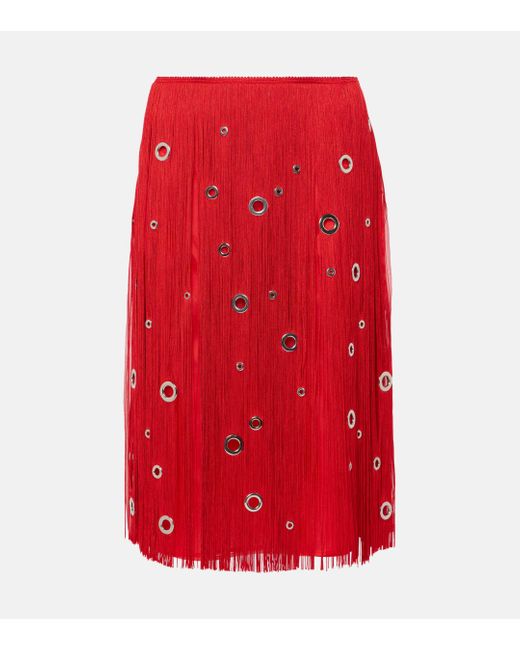 Prada Red Fringed Embellished Silk Midi Skirt