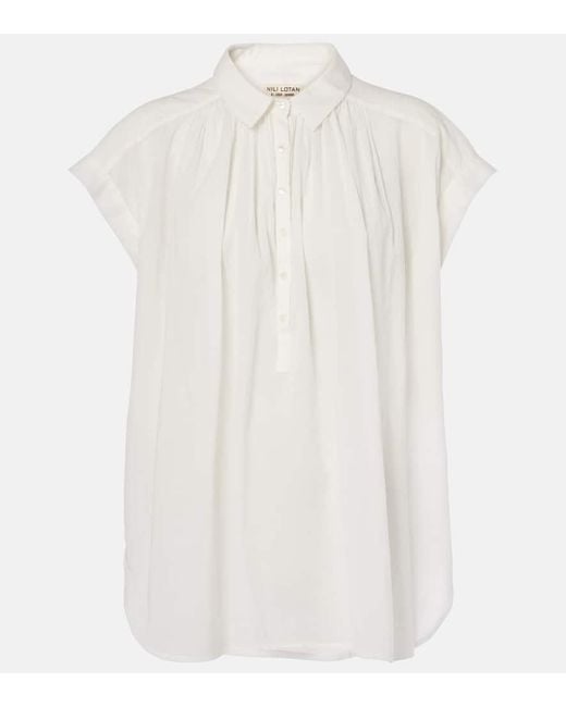 Nili Lotan White Normandy Shirred Cotton Blouse