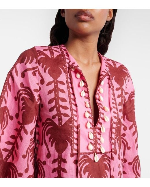 Johanna Ortiz Red Wild Savannah Shell-Embellished Linen Mini Dress