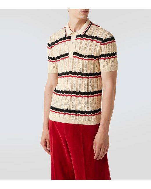 Valentino Natural Vlogo Pointelle Striped Cotton Polo Shirt for men