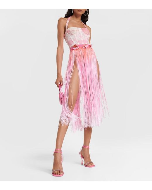 Roberta Einer Pink Ombre Leather-Trimmed Tassel Midi Skirt