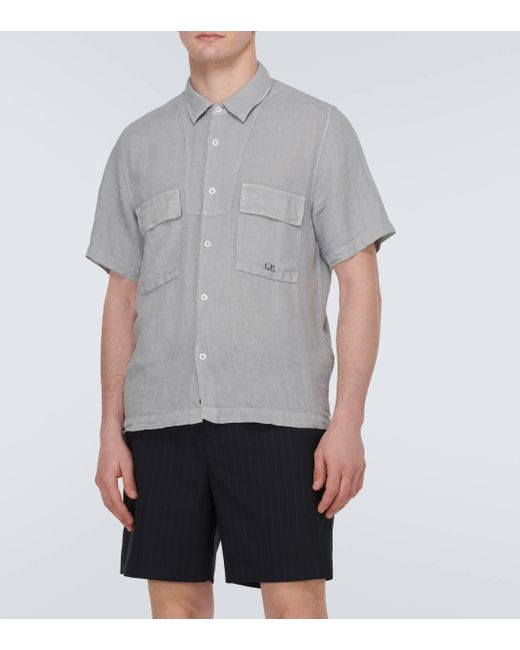 C P Company Gray Linen Bowling Shirt for men