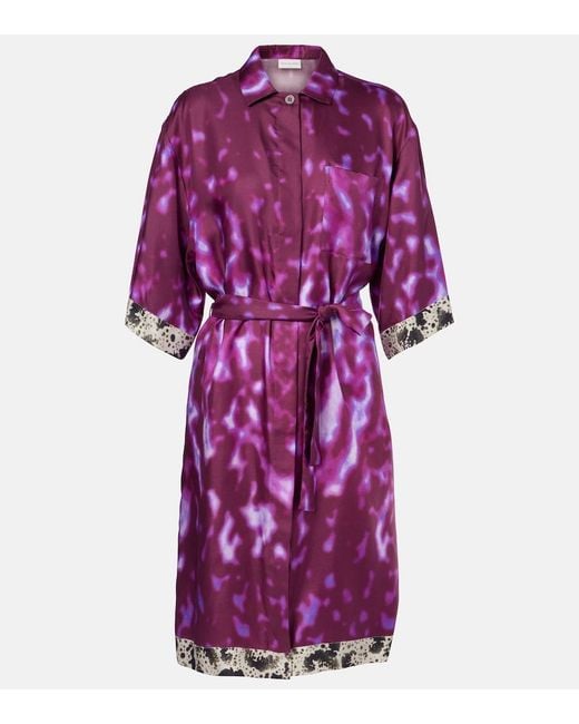 Dries Van Noten Purple Belted Printed Silk Shirt Dress