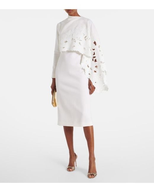 Oscar de la Renta White Cape-Detail Wool-Blend Midi Dress
