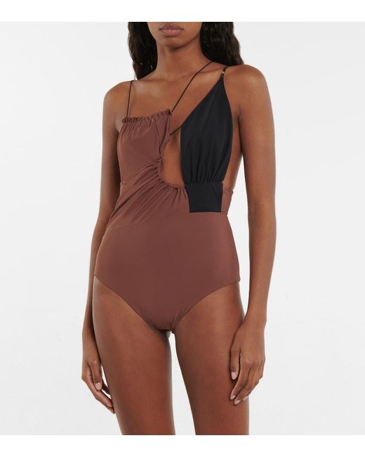 Nensi Dojaka Brown Cutout Asymmetric Swimsuit