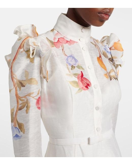 LEO LIN White Selina Floral Ruffled Linen-Blend Midi Dress