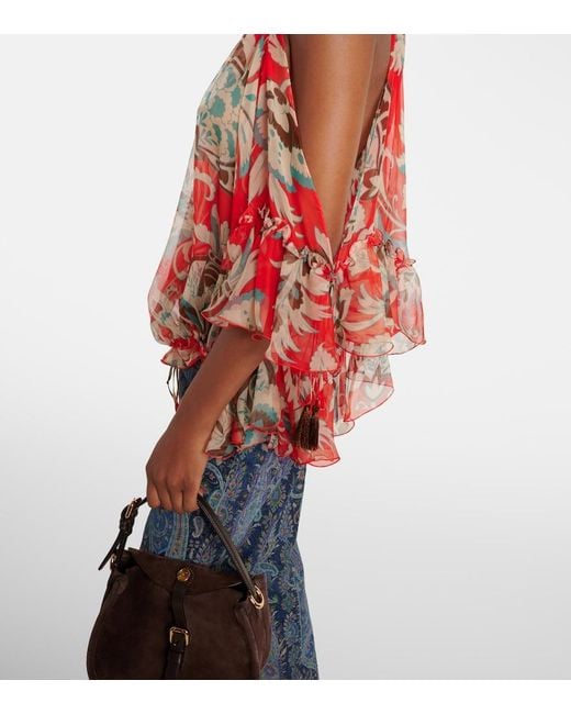 Etro Red Printed Ruffled Silk Top