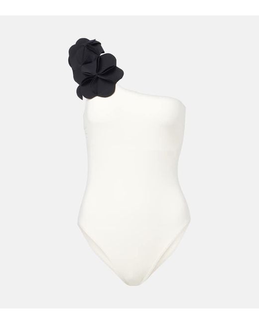 Karla Colletto White Tess Floral-Applique One-Shoulder Swimsuit