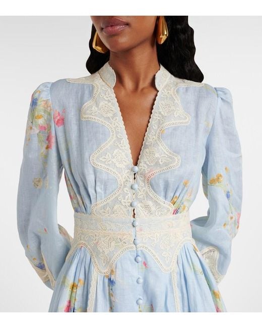 Zimmermann Lucky Linen & Lace Plunge Mini Dress in Blue | Lyst Australia