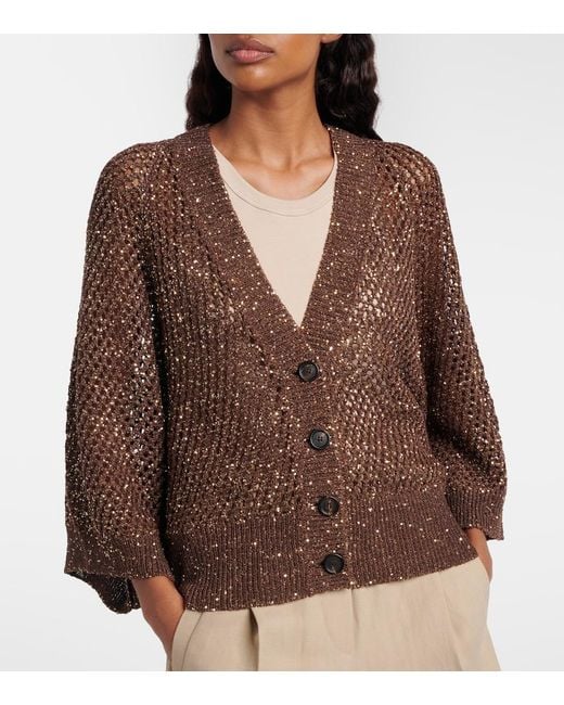 Brunello Cucinelli Brown Open-Knit Sequined Cardigan
