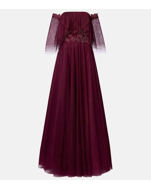 Costarellos Purple Embellished Off-Shoulder Tulle Gown