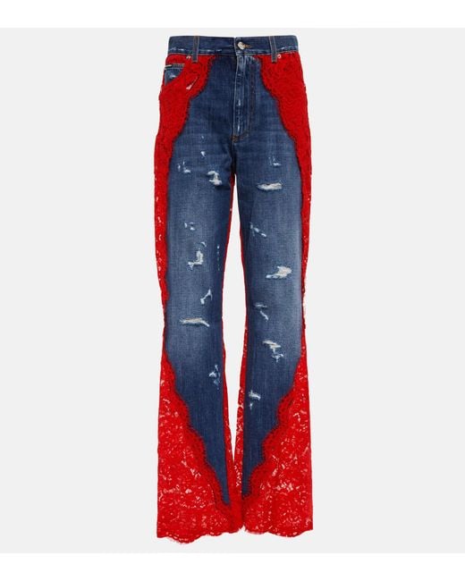 Dolce & Gabbana Lace-trimmed High-rise Straight Jeans in Red | Lyst