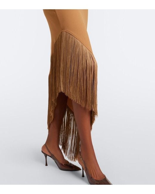 ‎Taller Marmo Brown Antelope Fringe-Trimmed Asymmetric Midi Dress