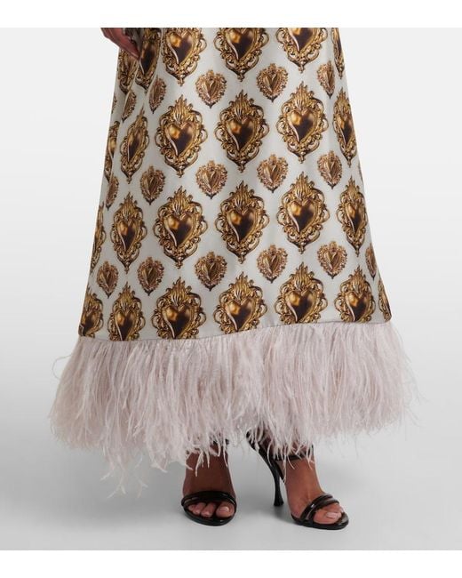 Dolce & Gabbana Natural Feather-Trimmed Printed Silk Maxi Dress